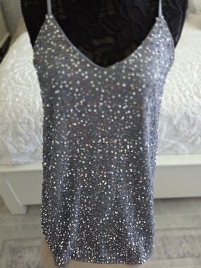Sequined Grey Spaghetti Strap Cami Dress
